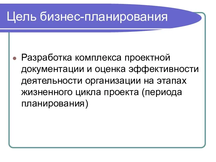 Цель бизнес-планирования Разработка комплекса проектной документации и оценка эффективности деятельности организации