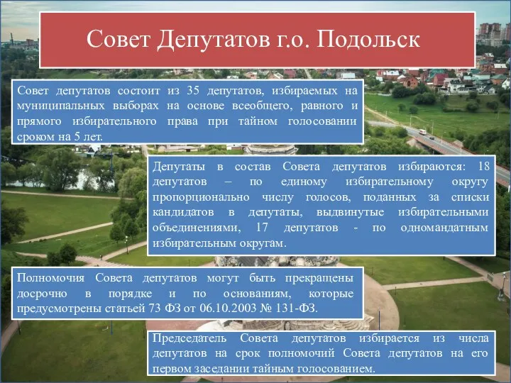 Совет Депутатов г.о. Подольск Совет депутатов состоит из 35 депутатов, избираемых