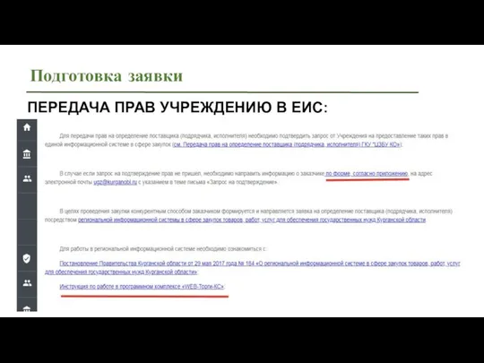 Подготовка заявки ПЕРЕДАЧА ПРАВ УЧРЕЖДЕНИЮ В ЕИС: