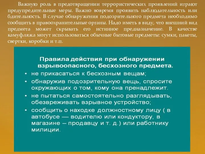 Важную роль в предотвращении террористических проявлений играют предупредительные меры. Важно вовремя