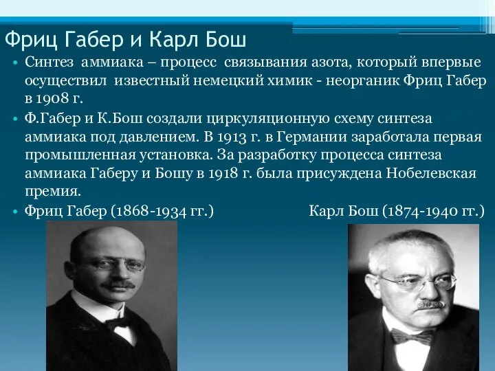 Фриц Габер и Карл Бош Синтез аммиака – процесс связывания азота,