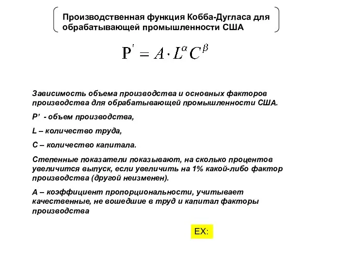 Производственная функция Кобба-Дугласа для обрабатывающей промышленности США Зависимость объема производства и