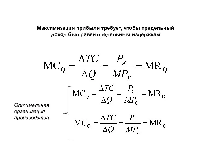 Максимизация прибыли требует, чтобы предельный доход был равен предельным издержкам Оптимальная организация производства