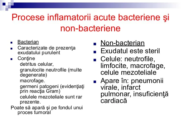 Procese inflamatorii acute bacteriene şi non-bacteriene Bacterian Caracterizate de prezenţa exudatului