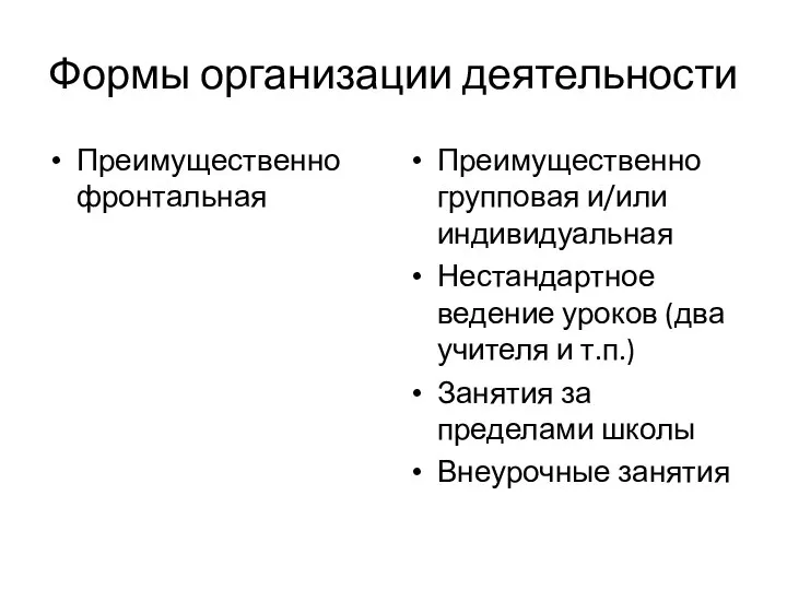 Формы организации деятельности Преимущественно фронтальная Преимущественно групповая и/или индивидуальная Нестандартное ведение