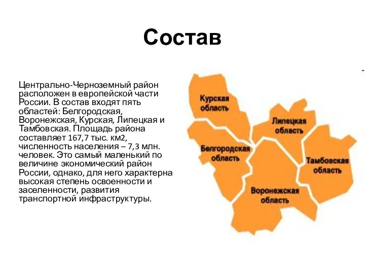 Состав Центрально-Черноземный район расположен в европейской части России. В состав входят