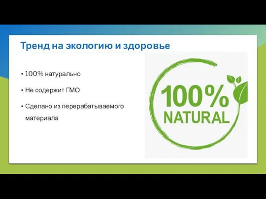 Тренд на экологию и здоровье 100% натурально Не содержит ГМО Сделано из перерабатываемого материала