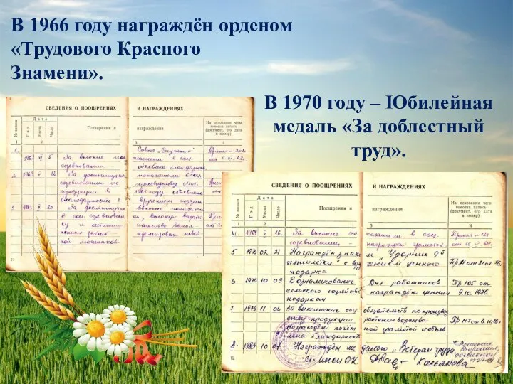 В 1966 году награждён орденом «Трудового Красного Знамени». В 1970 году