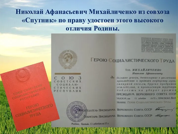 Николай Афанасьевич Михайличенко из совхоза «Спутник» по праву удостоен этого высокого отличия Родины.