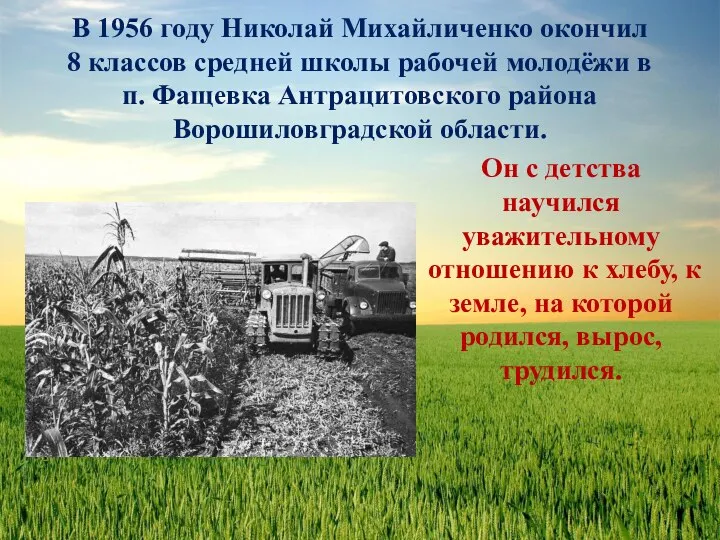 В 1956 году Николай Михайличенко окончил 8 классов средней школы рабочей