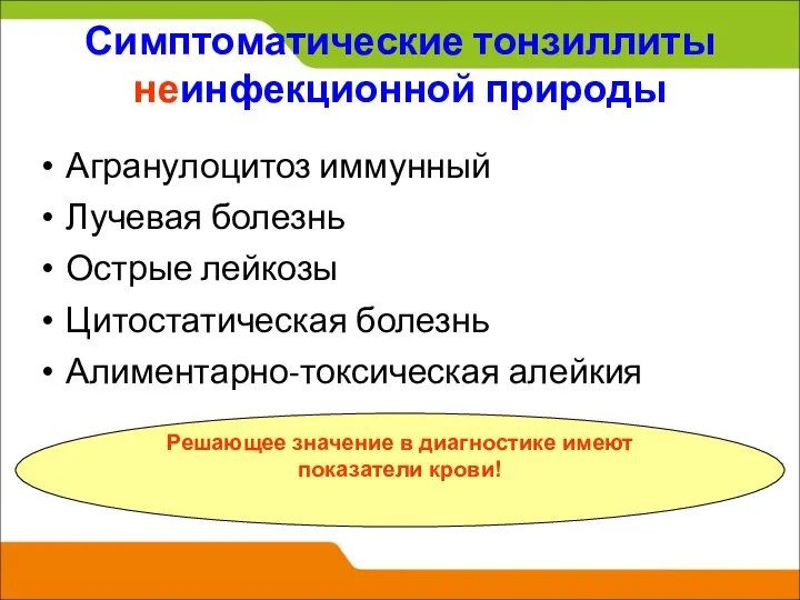 Симптоматические тонзиллиты неинфекционной природы Агранулоцитоз иммунный Лучевая болезнь Острые лейкозы Цитостатическая