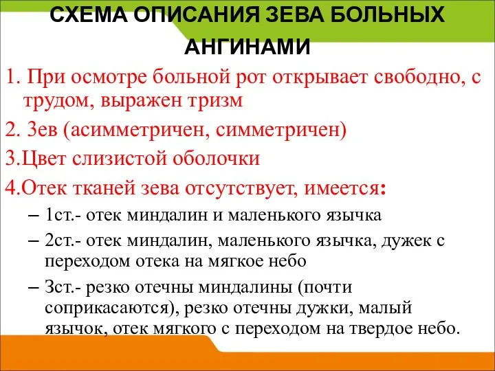 СХЕМА ОПИСАНИЯ ЗЕВА БОЛЬНЫХ АНГИНАМИ 1. При осмотре больной рот открывает