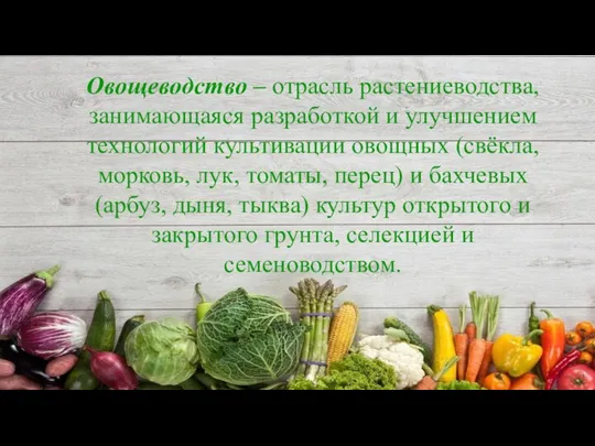 Овощеводство – отрасль растениеводства, занимающаяся разработкой и улучшением технологий культивации овощных