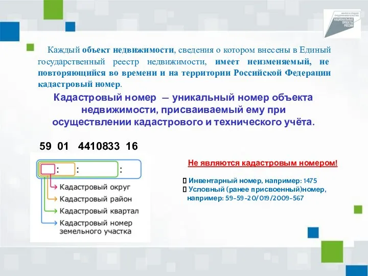 Кадастровый номер — уникальный номер объекта недвижимости, присваиваемый ему при осуществлении