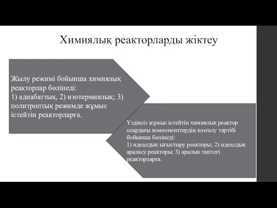 Химиялық реакторларды жіктеу Жылу режимі бойынша химиялық реакторлар бөлінеді: 1) адиабаттық,