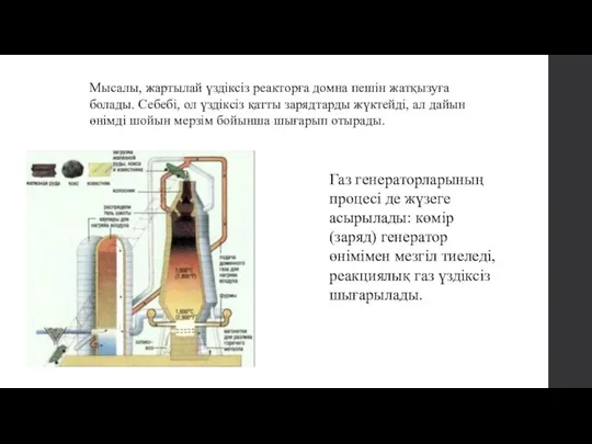 Газ генераторларының процесі де жүзеге асырылады: көмір (заряд) генератор өнімімен мезгіл