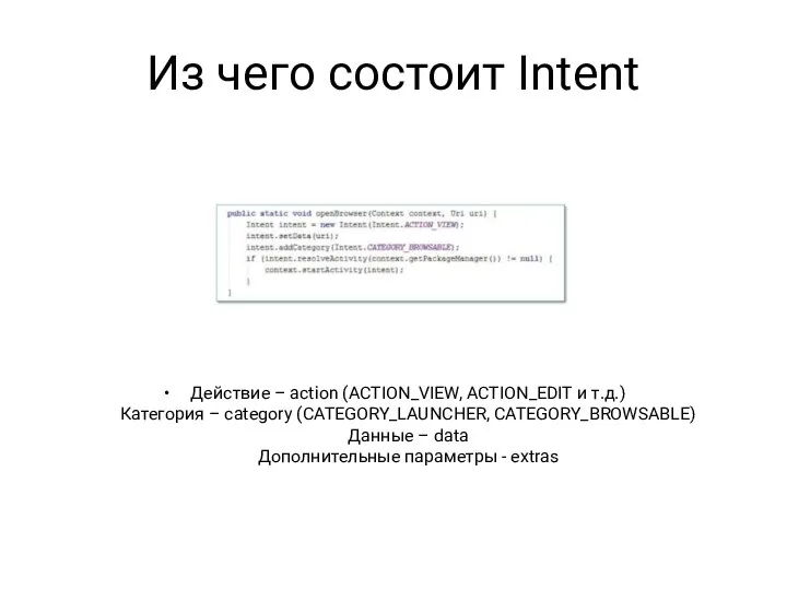 Из чего состоит Intent Действие – action (ACTION_VIEW, ACTION_EDIT и т.д.)