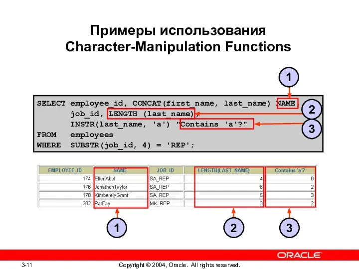 SELECT employee_id, CONCAT(first_name, last_name) NAME, job_id, LENGTH (last_name), INSTR(last_name, 'a') "Contains