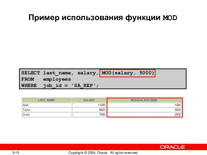 SELECT last_name, salary, MOD(salary, 5000) FROM employees WHERE job_id = 'SA_REP'; Пример использования функции MOD