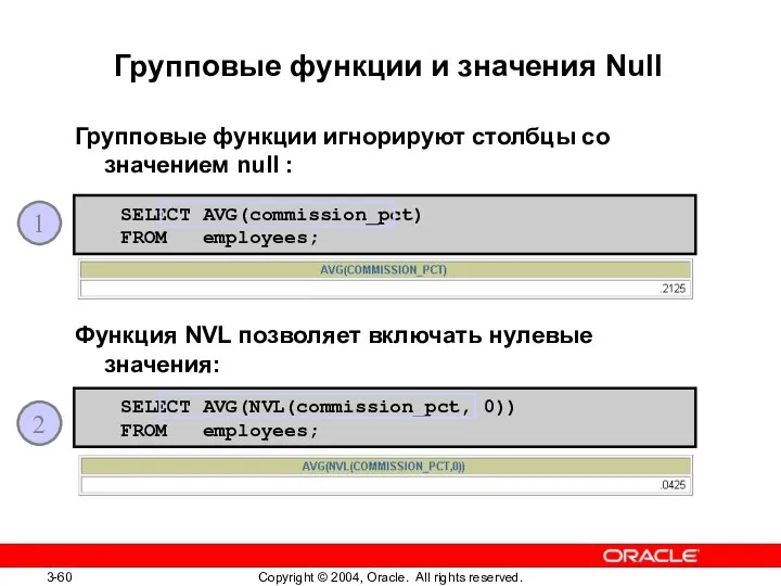 Групповые функции и значения Null Групповые функции игнорируют столбцы со значением