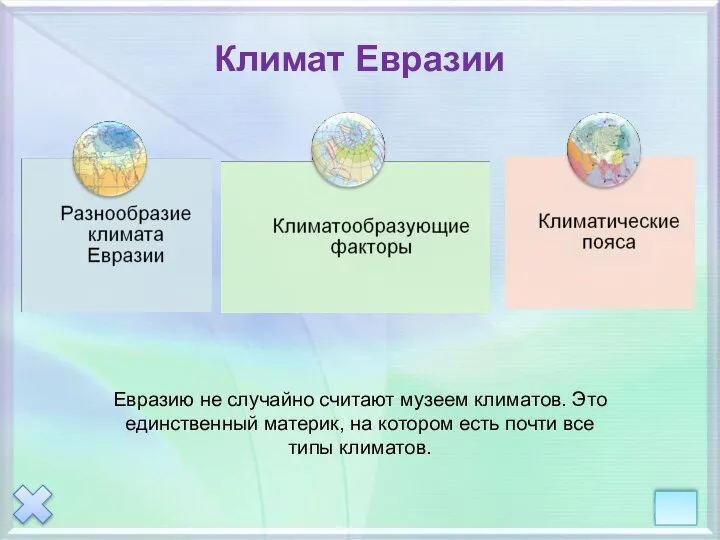 Климат Евразии Евразию не случайно считают музеем климатов. Это единственный материк,