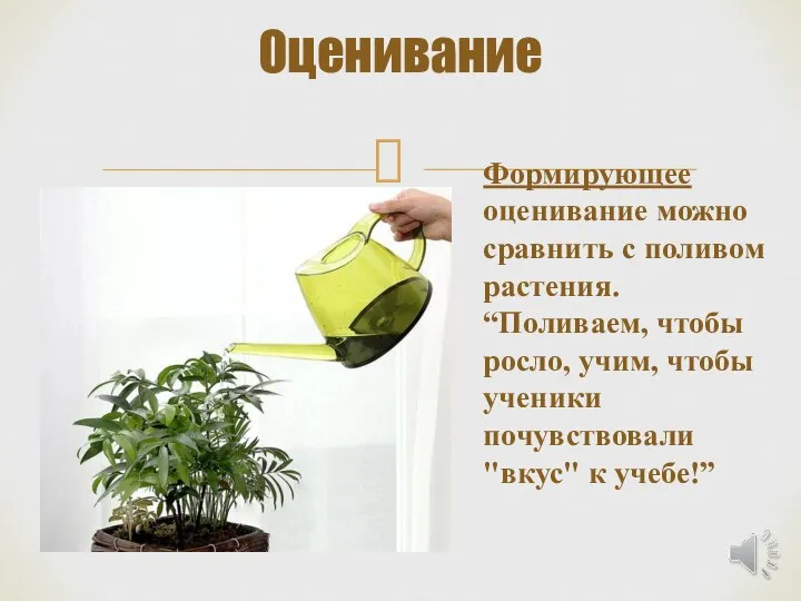 Оценивание Формирующее оценивание можно сравнить с поливом растения. “Поливаем, чтобы росло,