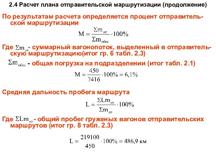 2.4 Расчет плана отправительской маршрутизации (продолжение) По результатам расчета определяется процент