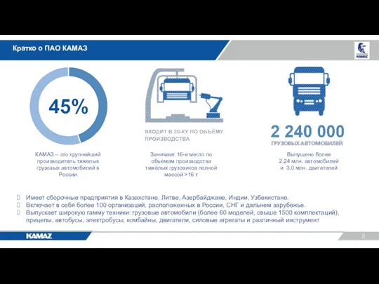 3 Кратко о ПАО КАМАЗ КАМАЗ – это крупнейший производитель тяжелых