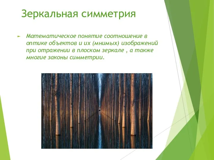 Зеркальная симметрия Математическое понятие соотношение в оптике объектов и их (мнимых)