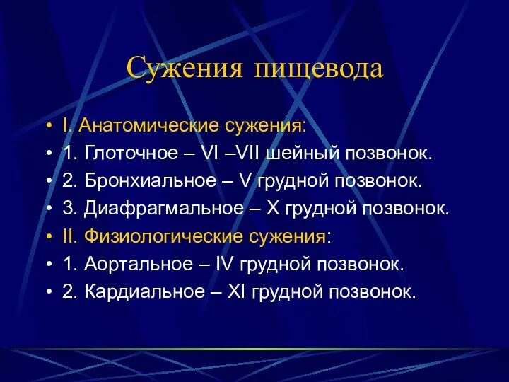 Сужения пищевода I. Анатомические сужения: 1. Глоточное – VI –VII шейный