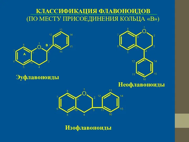 КЛАССИФИКАЦИЯ ФЛАВОНОИДОВ (ПО МЕСТУ ПРИСОЕДИНЕНИЯ КОЛЬЦА «В») В А Эуфлавоноиды Изофлавоноиды Неофлавоноиды