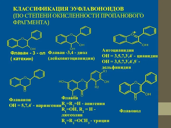 КЛАССИФИКАЦИЯ ЭУФЛАВОНОИДОВ (ПО СТЕПЕНИ ОКИСЛЕННОСТИ ПРОПАНОВОГО ФРАГМЕНТА) Флаван -3,4 - диол