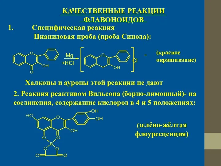 КАЧЕСТВЕННЫЕ РЕАКЦИИ ФЛАВОНОИДОВ Специфическая реакция Цианидовая проба (проба Синода): Халконы и