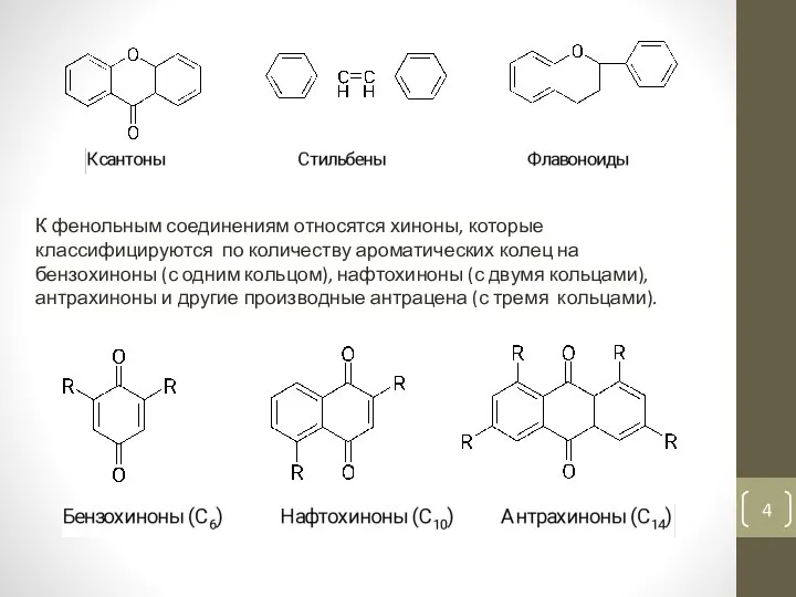 К фенольным соединениям относятся хиноны, которые классифицируются по количеству ароматических колец