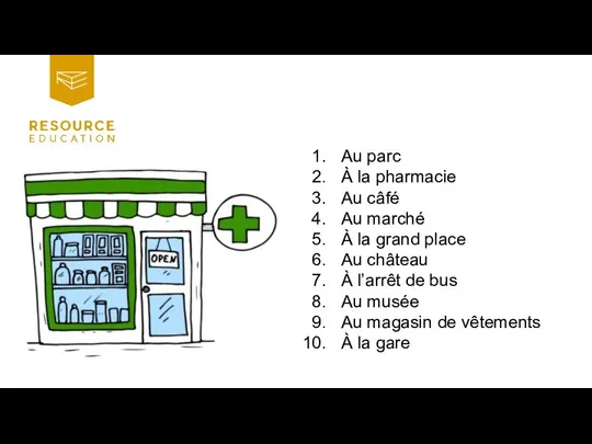 Au parc À la pharmacie Au câfé Au marché À la