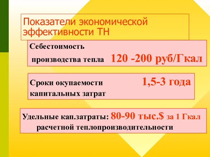 Показатели экономической эффективности ТН Себестоимость производства тепла 120 -200 руб/Гкал Сроки