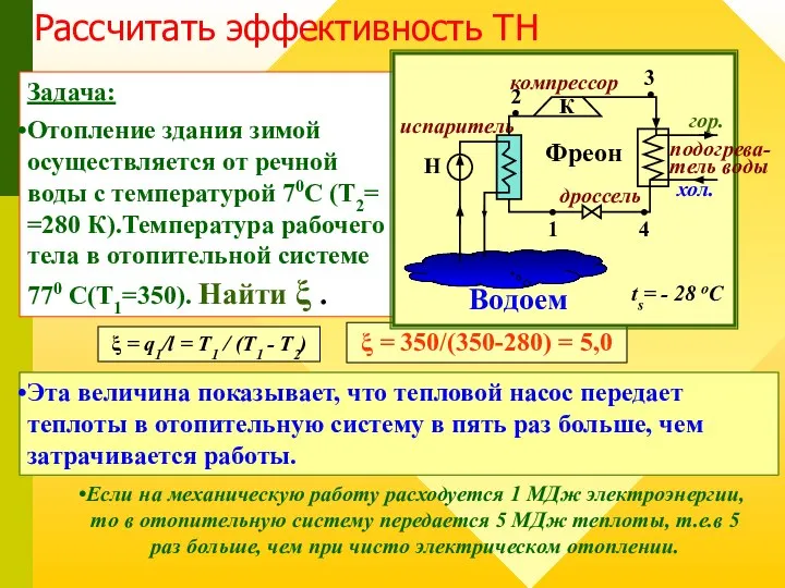 Задача: Отопление здания зимой осуществляется от речной воды с температурой 70С