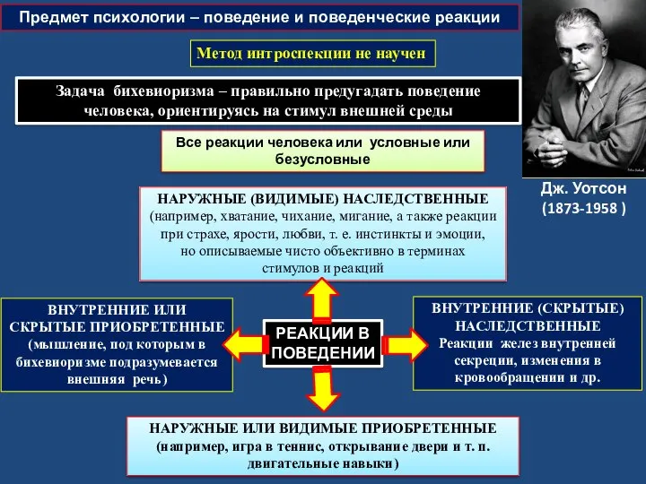 Дж. Уотсон (1873-1958 ) Предмет психологии – поведение и поведенческие реакции