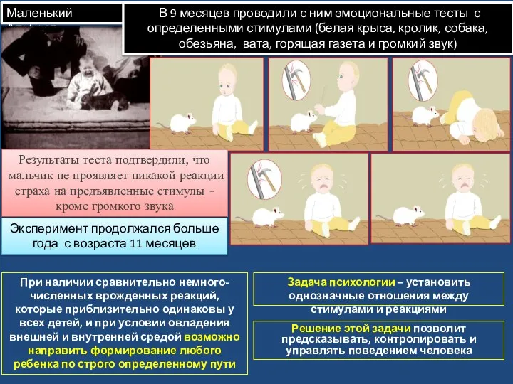 Маленький Альберт В 9 месяцев проводили с ним эмоциональные тесты с