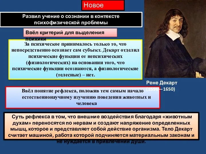 Ввёл понятие рефлекса, положив тем самым начало естественнонаучному изучению поведения животных