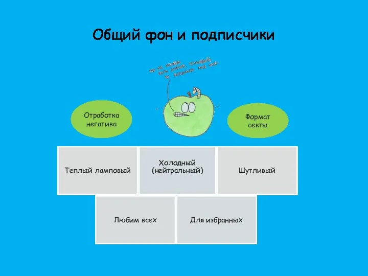 Общий фон и подписчики Отработка негатива Формат секты