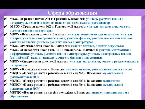 Сфера образования МБОУ «Средняя школа №1 г. Грязовца». Вакансия: учитель русского