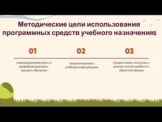 Методические цели использования программных средств учебного назначения: индивидуализировать и дифференцировать процесс