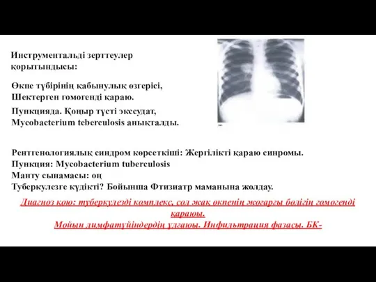 Инструментальді зерттеулер қорытындысы: Өкпе түбірінің қабынулық өзгерісі, Шектерген гомогенді қараю. Пункцияда.