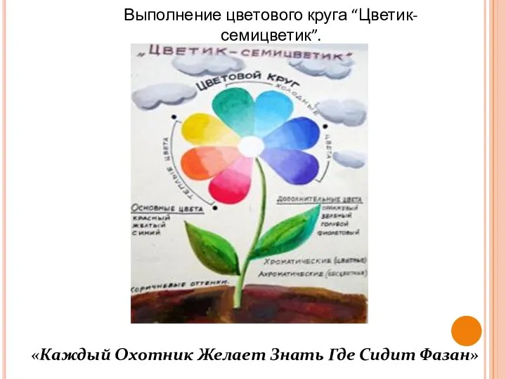 Выполнение цветового круга “Цветик-семицветик”. «Каждый Охотник Желает Знать Где Сидит Фазан»