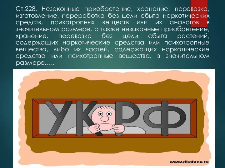 Ст.228. Незаконные приобретение, хранение, перевозка, изготовление, переработка без цели сбыта наркотических