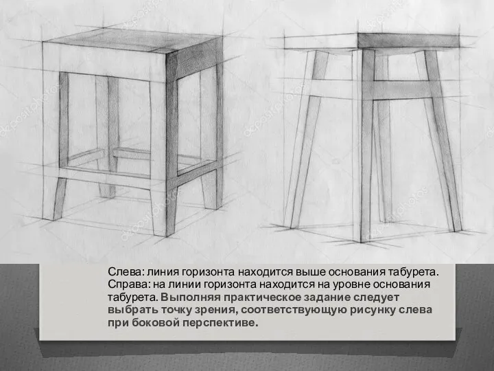 Слева: линия горизонта находится выше основания табурета. Справа: на линии горизонта