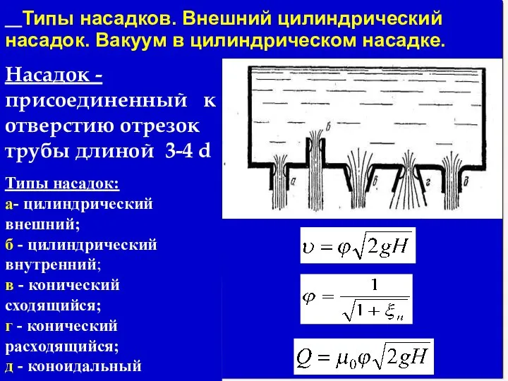 Типы насадков. Внешний цилиндрический насадок. Вакуум в цилиндрическом насадке. Насадок -