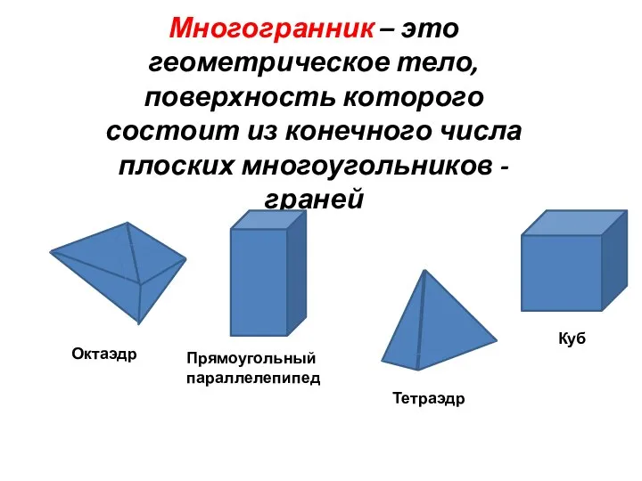 Многогранник – это геометрическое тело, поверхность которого состоит из конечного числа