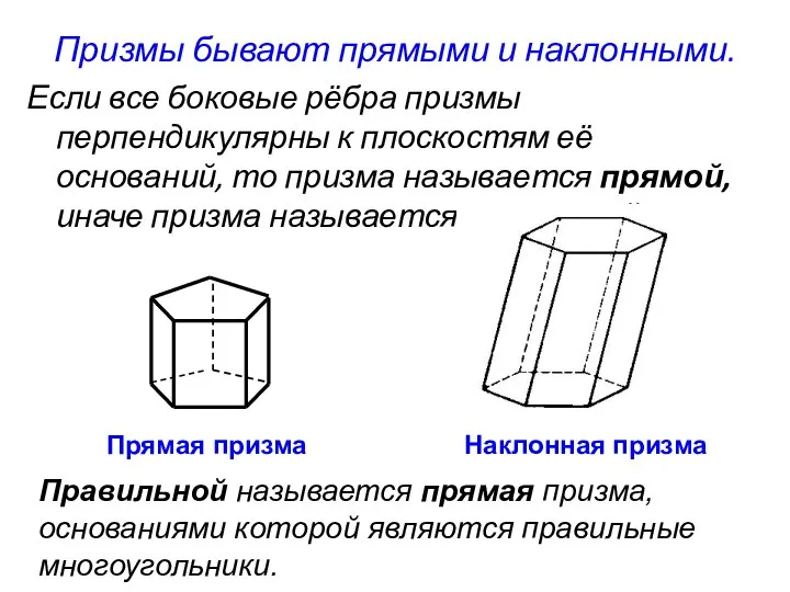 Призмы бывают прямыми и наклонными. Если все боковые рёбра призмы перпендикулярны